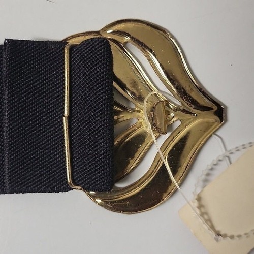 Vintage 1980s Black Elastic with Leaves Feather Enamel buckle Accessory belt - Picture 7 of 10