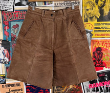Vintage 80s-90s Khaki Tan Brown High Rise Leather Shorts 30-32" Elastic Waist
