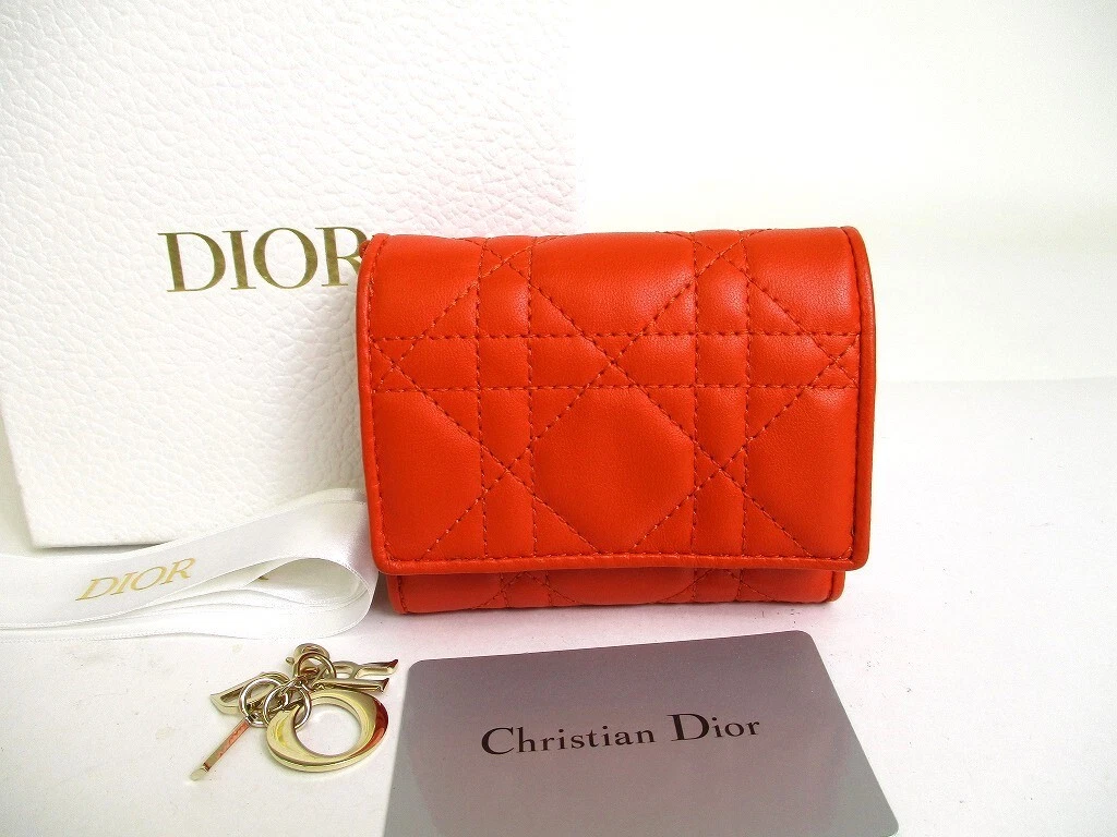 Portefeuille triple authentique Christian Dior Cannage cuir orange femme Dior #a258