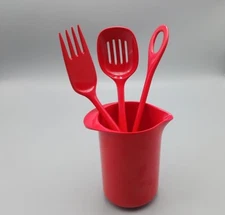 ROSTI Denmark Lehmann Beaker  + Rosti  Stirrer Fork Slotted Spoon RED  4 pc Set