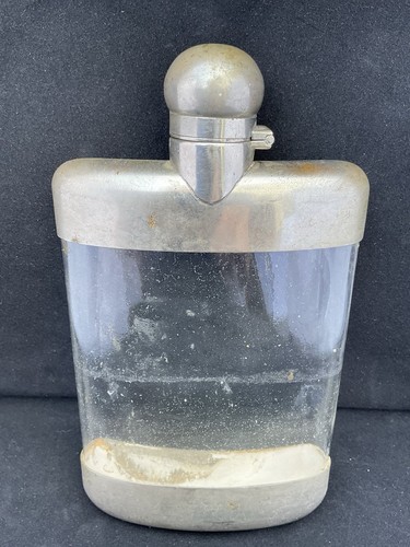 Antique Silver-Plated Hand-Blown Glass Hip Flask “Germany“ Hallmark 8oz Capacity