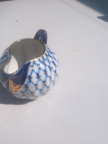 Lomonosov Porcelain Cobalt Net Sugar Bowl & Creamer Tea Set 22 Made In Russia - Picture 9 of 14