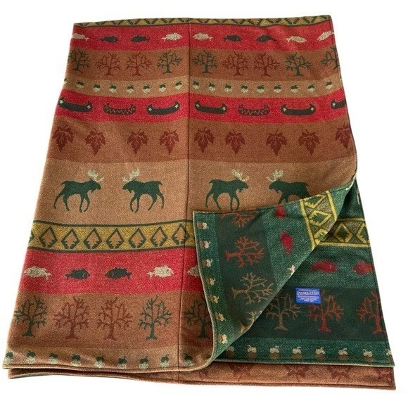 Pendleton Moose Lodge Cabin 100% Wool Reversible Duvet Cover Canoes Fish Leaves - Image 4 of 4