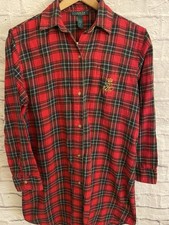 RALPH LAUREN Flannel Night Shirt Gown Sz Small Sleep Blue Red Plaid Monogram