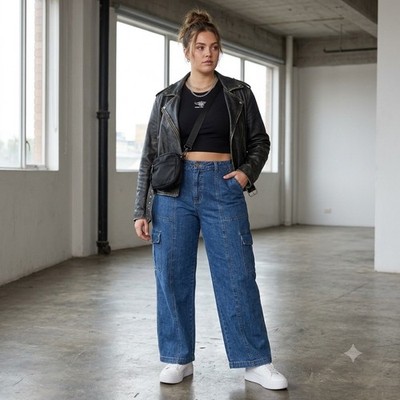 Wms Lauren Ralph Lauren 90s Cargo Wide Leg Jeans 16W Blue Medium Wash Y2K