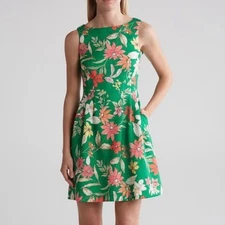 Vince Camuto Scuba Green Floral Fit n Flare Mini Dress Women's Size 12