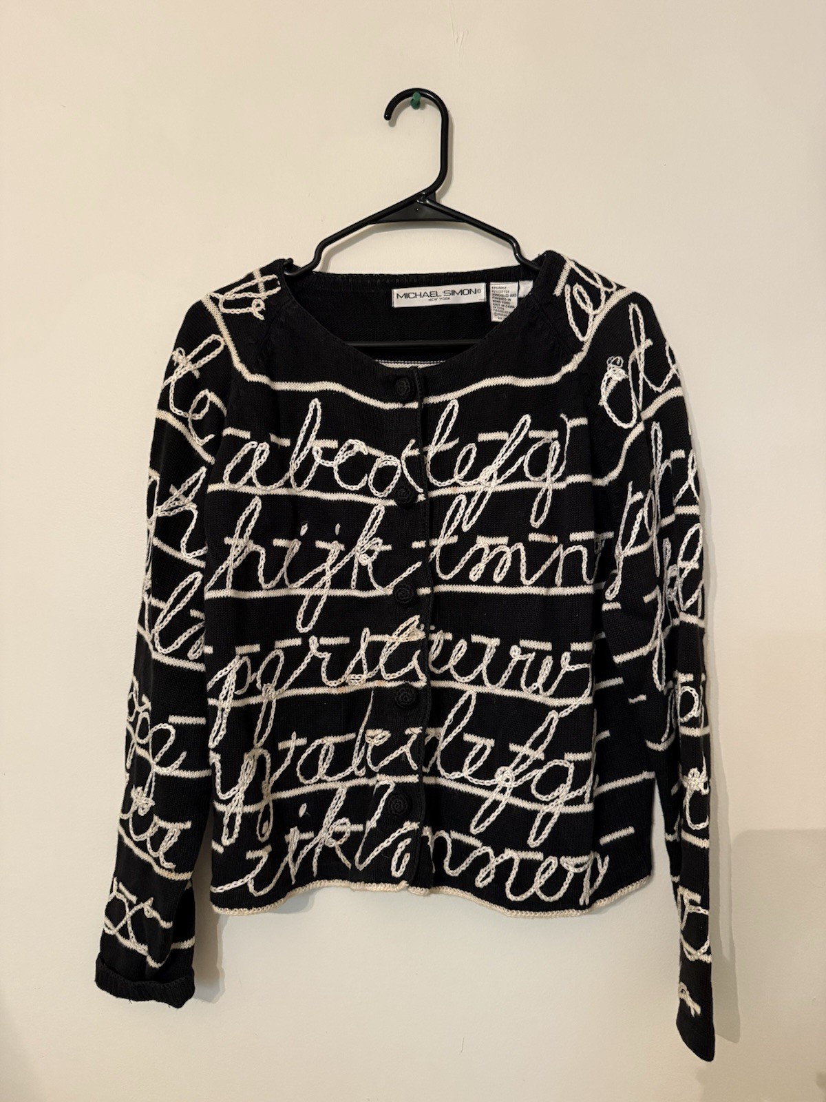 Michael Simon Black White Script Embroidered Knit… - image 1