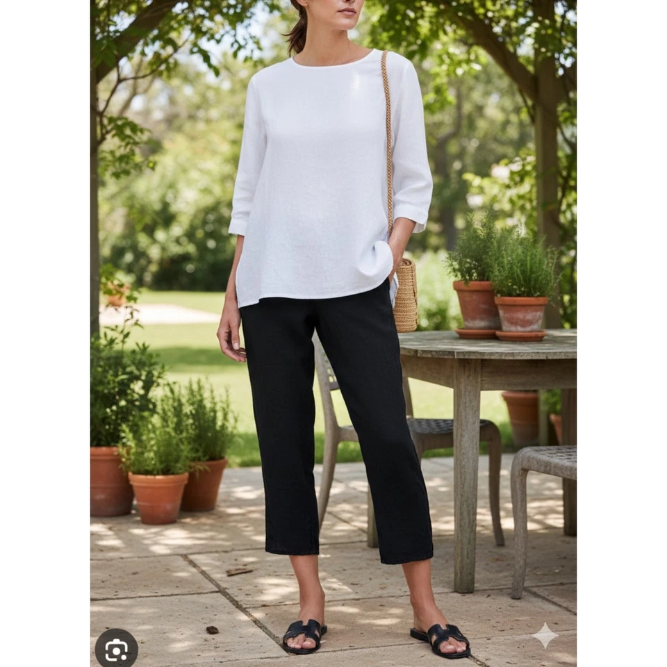 Eileen Fisher Womens 1X Black Irish Linen Minimalist Coastal Grandma Ankle Pants - Image 2 of 4