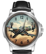 Spitfire Fighter Aeroplane Ww2 #5 Leather Strap Big Dial Wrist Watch