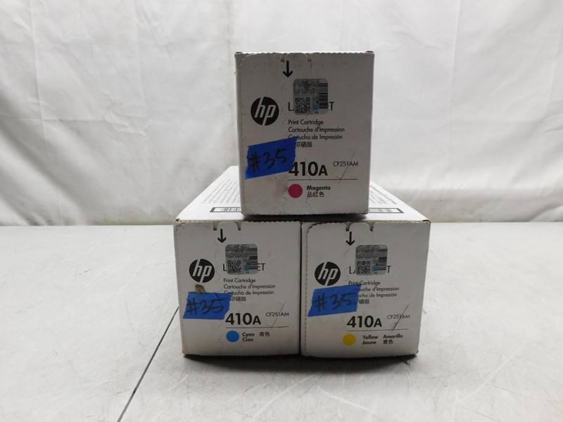 Lot of 3 New HP 410A Yellow,Cyan&Magenta Toner Cartridges #35 (LVRC-47699,98,97)