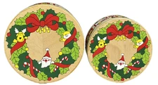 Vintage Set Of 2 Nesting Round Wood Santa Noel Train Christmas Boxes 5” & 4”