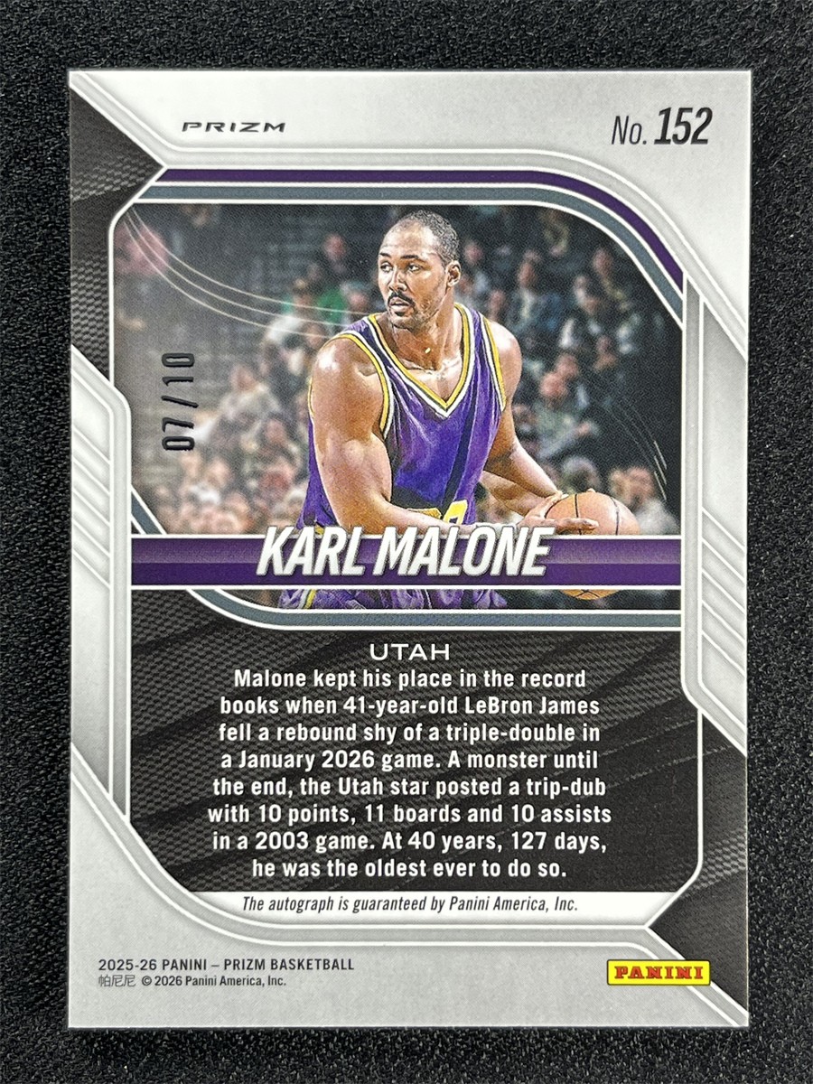 2025-26 Panini Prizm Basketball Karl Malone #152 Gold Prizm Auto Utah Jazz /10 view 2