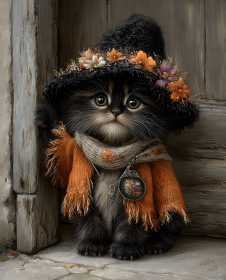 8x10 Cozy Storybook Cat Wearing Hat and Scarf Art Print Cottagecore - 255602289