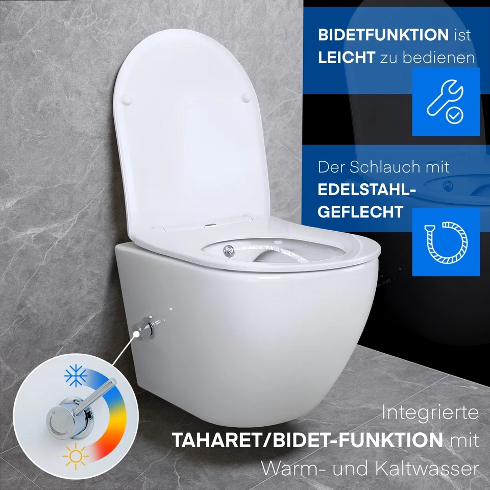 Dusch-WC Taharet Bidet spülrandlos, Warmwasserarmatur Softclose, Hänge WC Weiß - Bild 3 von 4