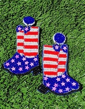 2.75" American Flag Patriotic Boots Red White Blue Dangle Seed Bead Earrings