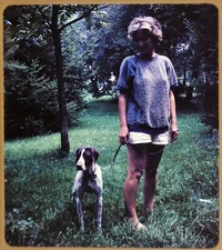 Stereo realist slide woman and dog 1965 Ledges Ohio scenery
