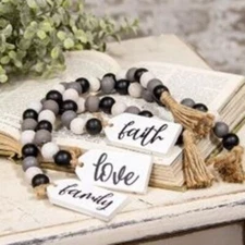 Faith Love Family Beaded Tag Hangers Set of 3 Black Grey Jute Tassel Country CWI