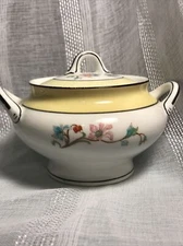 VTG Syracuse China O.P. Co. Sugar Bowl With Lid Yellow Floral Handles Unique