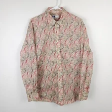 Tilley Shirt Mens Large Red Pink Brown Dot Circle Circular AOP Button Up Cotton