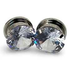 Pair 316L Steel Screw on Plugs with Clear Prong Set CZ Gem (PS-147) gauges