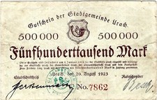 Banknote Gutschein Notgeld 500.000 Mark 1923 Urach (Baden-W&uuml;rttemberg)