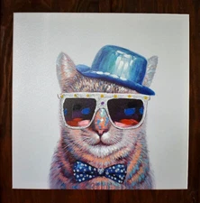 "Elton" Cat with Colorful Blue Hat, Bow Tie & Glasses 20" x 20" Acrylic Painting