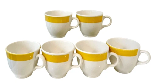 Crate and Barrel Yellow Rim Coffee Mugs/Cups Set Of 6 Italy Signed IPCEI Vintage