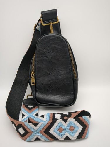 Threaded Pear Black Vegan Leather Sling Bag Boho Strap