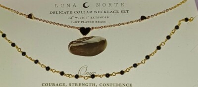 2 pc Luna Norte Moon double Layer Necklaces BLACK ONYX HEART Link Chain Gold NWT