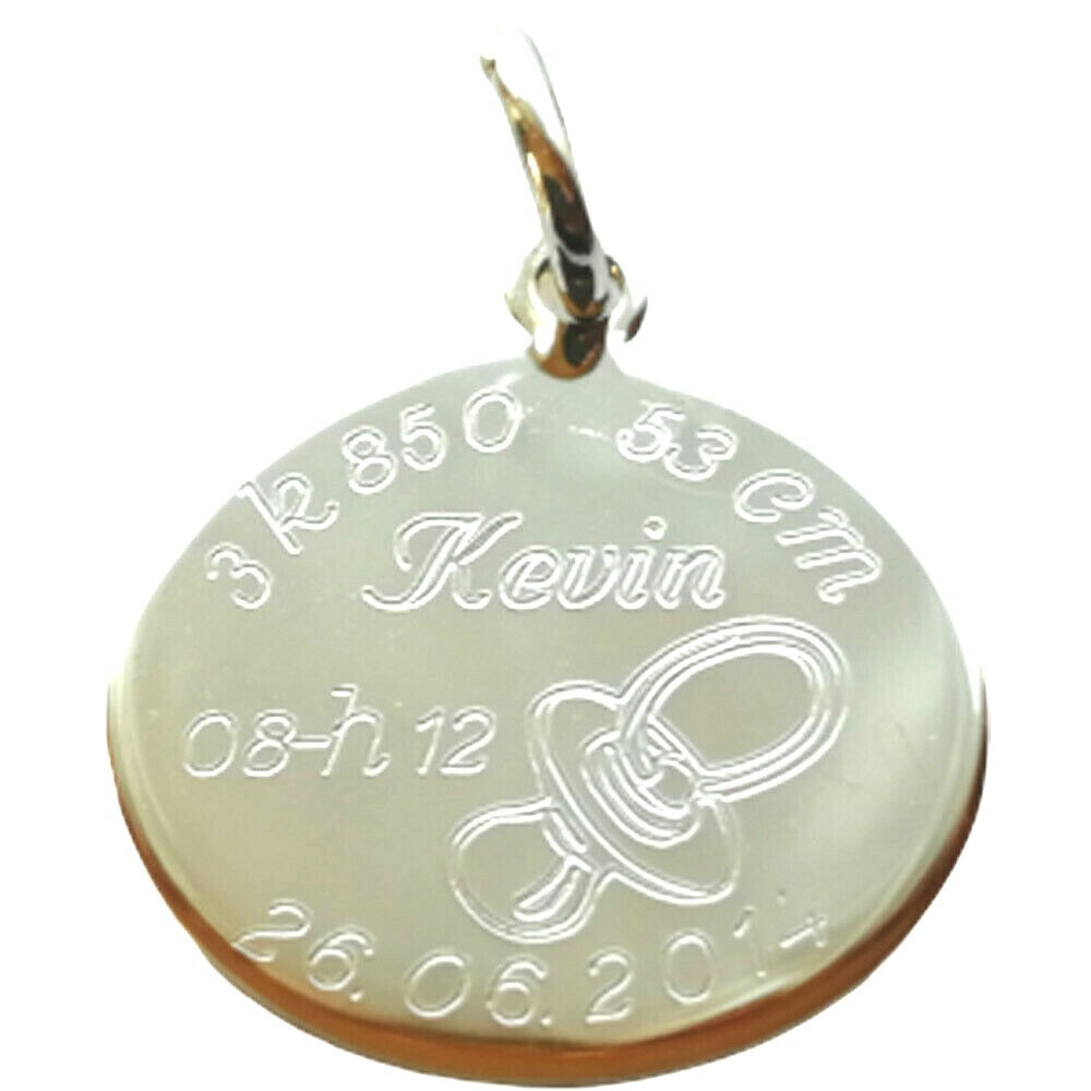 Médaille de naissance en argent massif personnalisée avec prénom et date