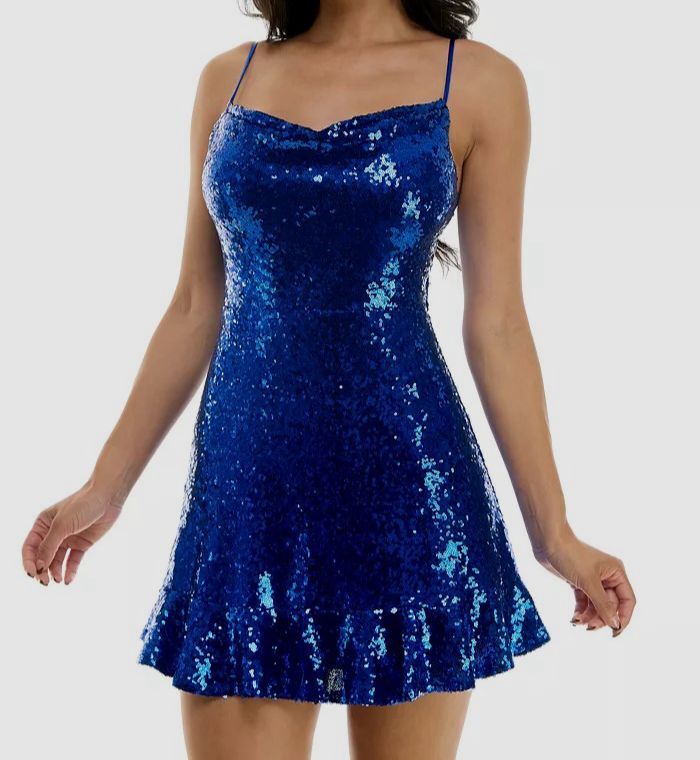 Next Up Women's Juniors' Blue Sequin Ruffle-Hem A-Line Dress Size
