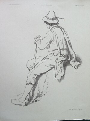 BEAUTIFUL LITHO 19TH CENTURY STUDY DRAWING COSTUME MEN ITALIAN ITALY NAPLES N...