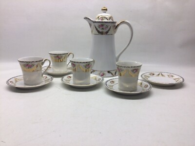 Vintage Noritake 10 Pc Chocolate Pot And Tea Cup Set With Gold Trim READ