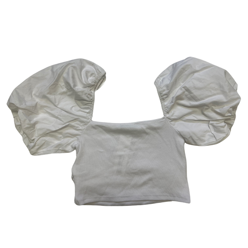 ZARA Women’s White Ribbed Short Puffed Sleeve Ruched Sides Crop Top Sz Large NWT - Picture 9 of 16