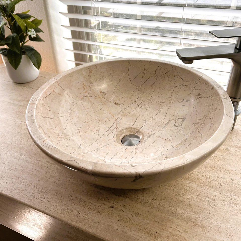Hermoso fregadero de travertino de mármol estilo moderno hecho a mano, fregadero redondo de mármol Foto 2 de 4