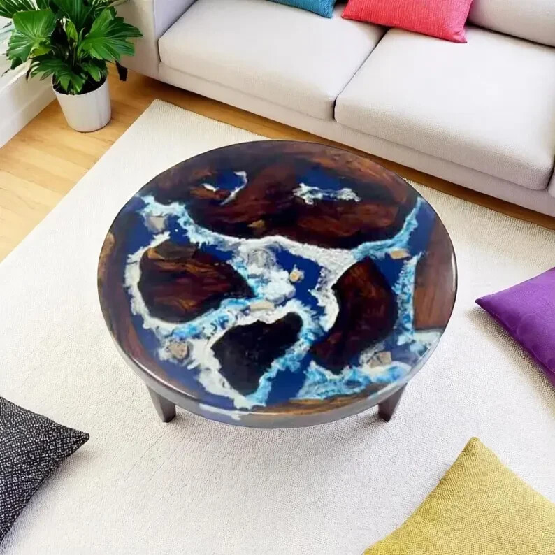 Round Epoxy Coffee Side Table Resin River Countertop Handmade Furniture Acacia-image
