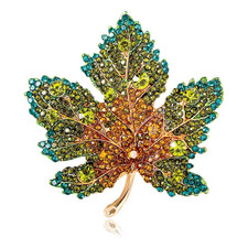 Vintage Green Maple Leaf Brooch Crystal Rhinestone Gold Fall Pin Jewelry Gift