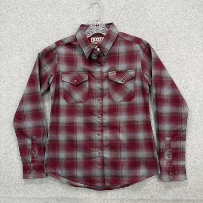 Dixxon Flannel Shirt Women Small Red Gray Plaid Pearl Snap Pinot D Tech Heritage