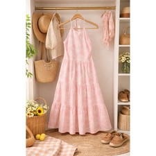 Crown & Ivy Halter Maxi Dress Womens Medium Pink White Floral Excellent Tiered
