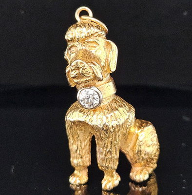 14K Gelbgold PUDEL 0,40 Karat DIAMANT KRAGEN Charm Anhänger 14 Gramm Vintage