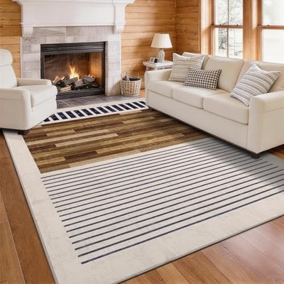 8x10 Washable Area Rugs for Living Room, Brown Black and White Striped Rug