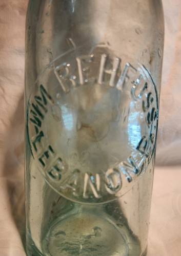 ANTIQUE LEBANON PA WM REHFUSS AQUA EMBOSSED BLOB BEER OR SODA GLASS BOTTLE