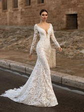 Boho Sheer Mermaid Wedding Dress Long Sleeves Appliques Lace Open Back Beach hot