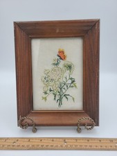 Vintage MCM Crewel Embroidery Floral Butterfly Picture Queen Anne's Lace