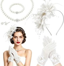 5 Pcs Womens Tea Party Accessories Set Fascinator Hat Lace Gloves Pearl Costume