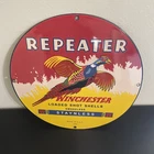 VINTAGE WINCHESTER REPEATER BIRD SHELL HUNTING GASOLINE OIL PORCELAIN SIGN