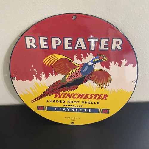 VINTAGE WINCHESTER REPEATER BIRD SHELL HUNTING GASOLINE OIL PORCELAIN SIGN