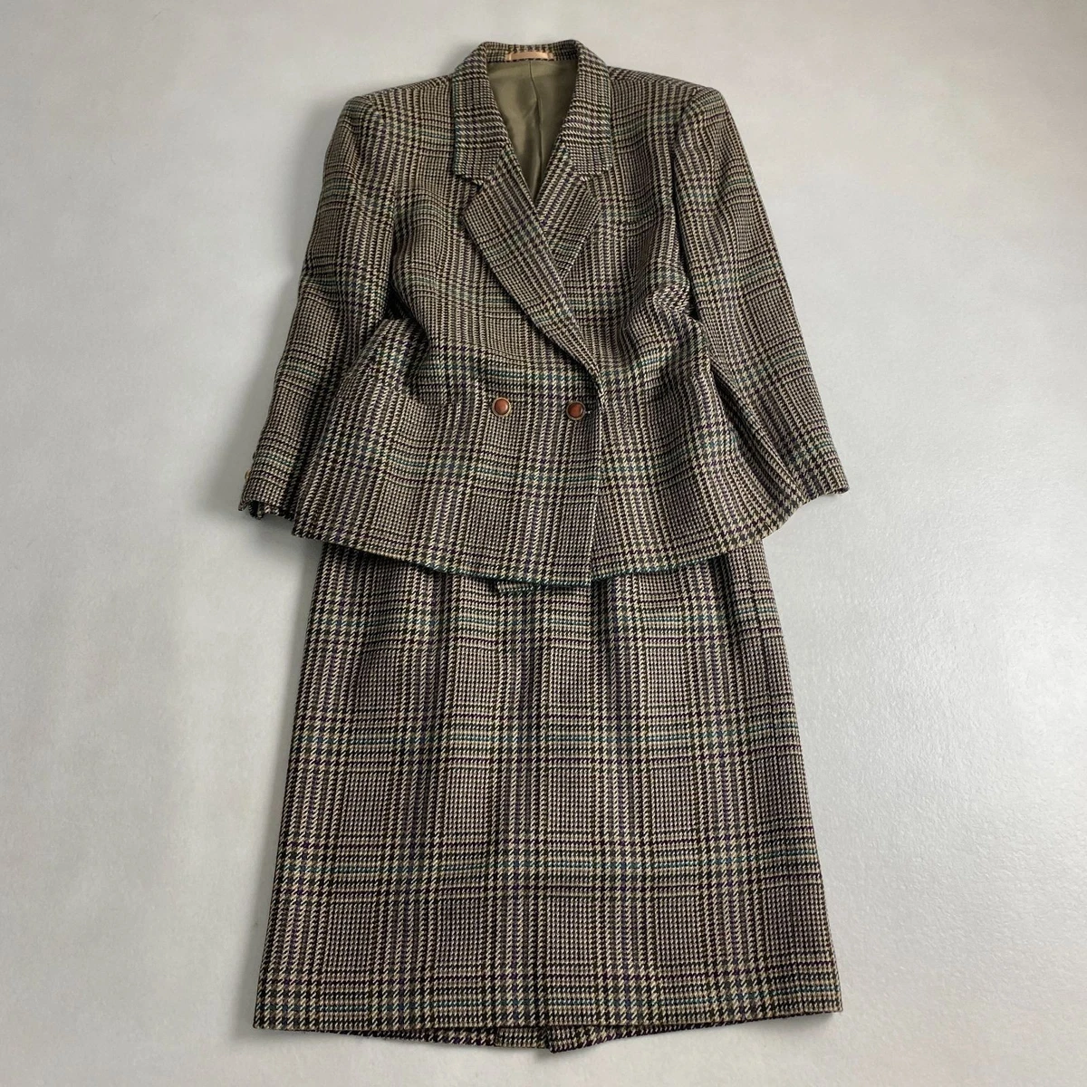 Conjunto de traje de lana a cuadros vintage de Burberrys marrón blanco etiqueta talla M W4540