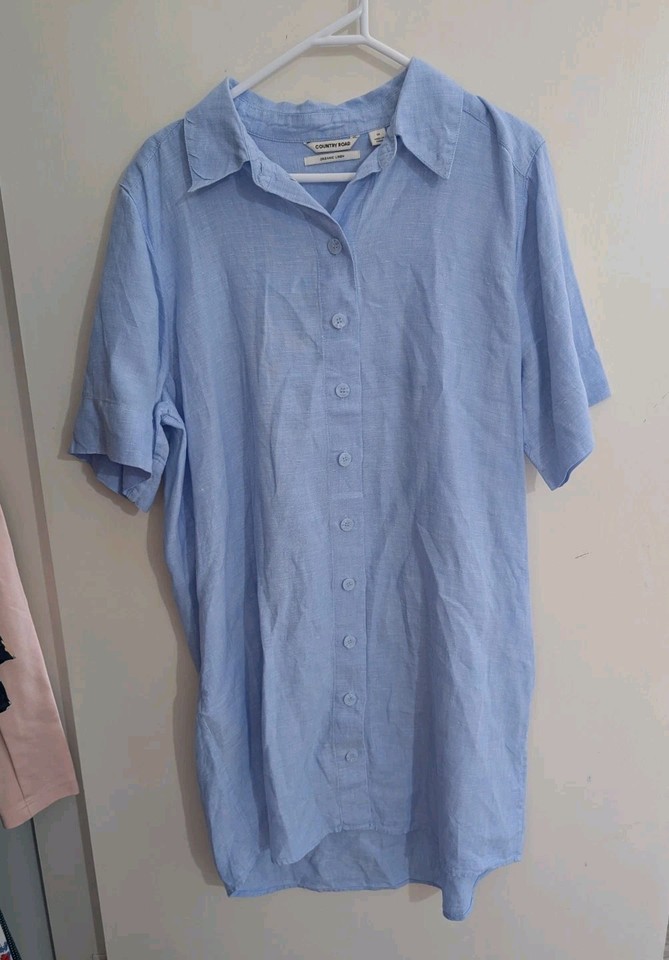 Country Road Womens Organic Linen Shirt Dress Size 10 Blue
