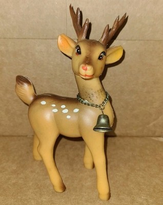 Vintage Japan Christmas Reindeer Rubber Figure Swivel Head With Bell